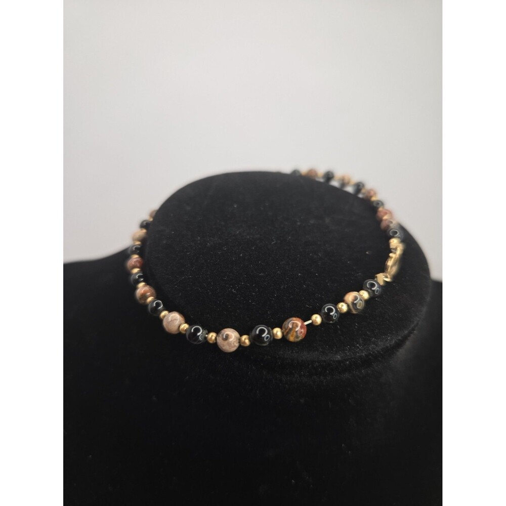 Vintage 1/20 14K Gold Filled Jasper Black Glass Bead Bracelet Stacking 8.5" XL